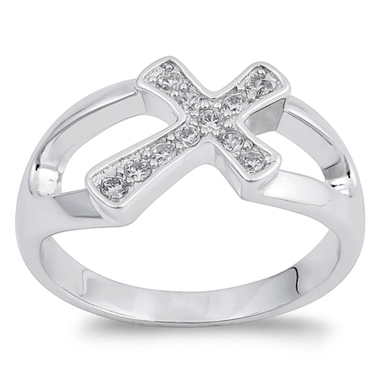 White CZ Beautiful Christian Cross Ring New .925 Sterling Silver Band Sizes 5-10