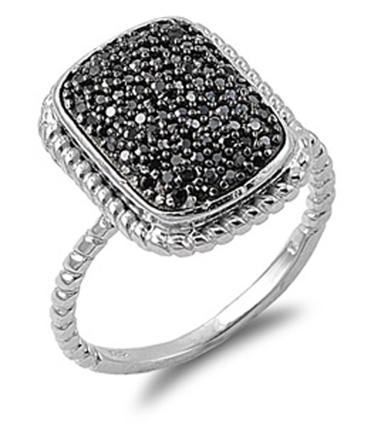 Black CZ Rectangle Twisted Rope Halo Ring .925 Sterling Silver Band Sizes 4-10
