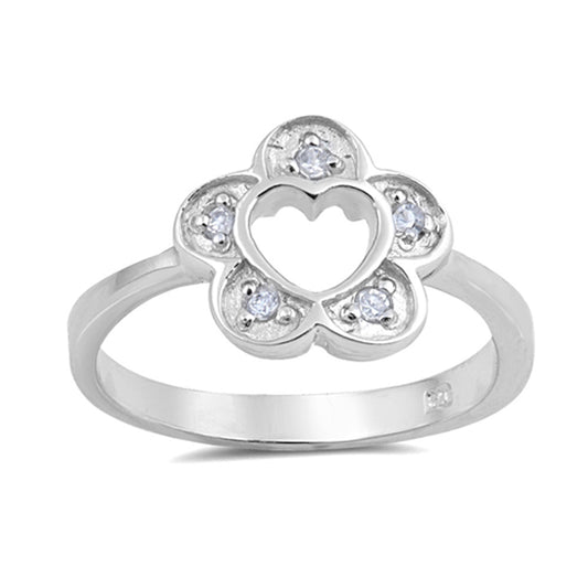 White CZ Heart Cutout Promise Flower Ring .925 Sterling Silver Band Sizes 5-9