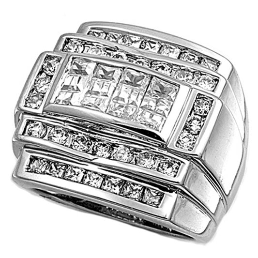 Wide Clear CZ Men's Class Ring New .925 Sterling Silver Band Sizes 8-14