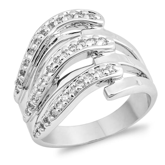 White CZ Classic Wave Wedding Wide Ring New .925 Sterling Silver Band Sizes 6-9