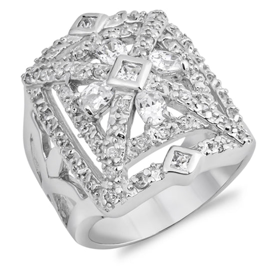 White CZ Beautiful Filigree Criss Cross Wide 925 Sterling Silver Ring Sizes 6-10