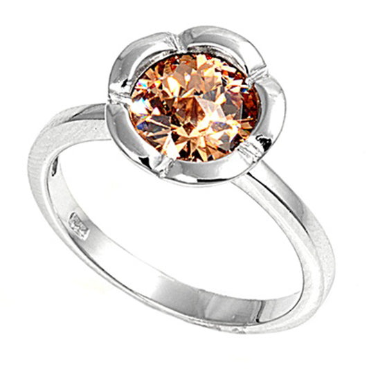 Round Flower Champagne CZ Polished Ring New .925 Sterling Silver Band Sizes 5-9