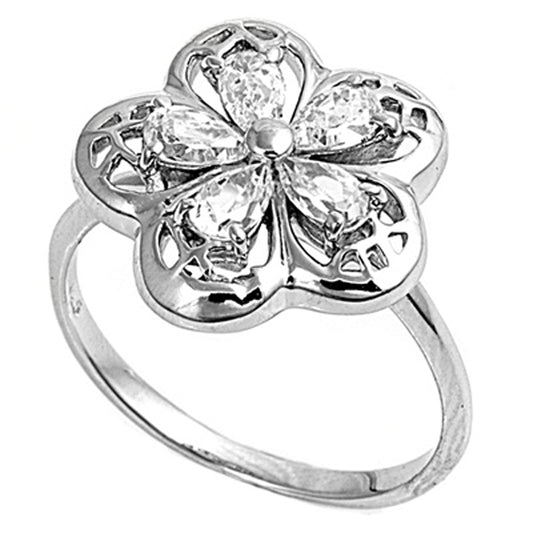 White CZ Teardrop Filigree Flower Ring New .925 Sterling Silver Band Sizes 5-9