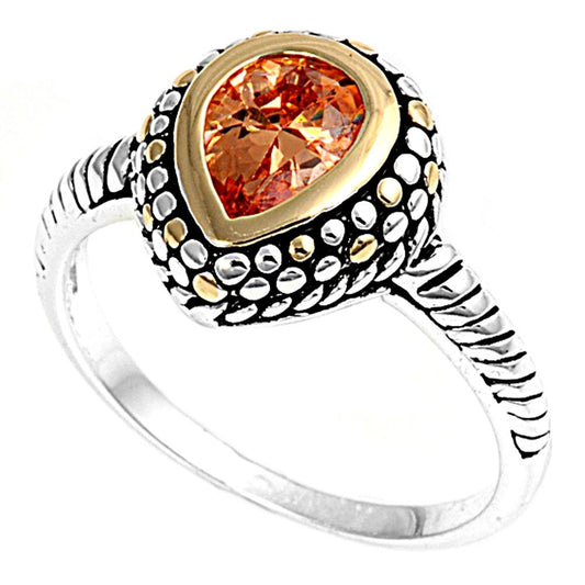 Teardrop Champagne CZ Gold-Tone Bead Ring .925 Sterling Silver Band Sizes 5-9