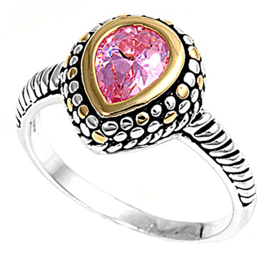 Bezel Pink CZ Teardrop Bali Bead Ring New .925 Sterling Silver Band Sizes 5-9