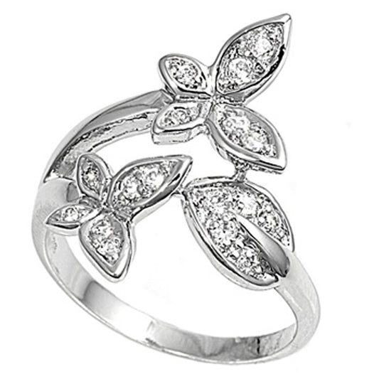 Clear CZ Unique Butterfly Leaf Garden Ring .925 Sterling Silver Band Sizes 5-10