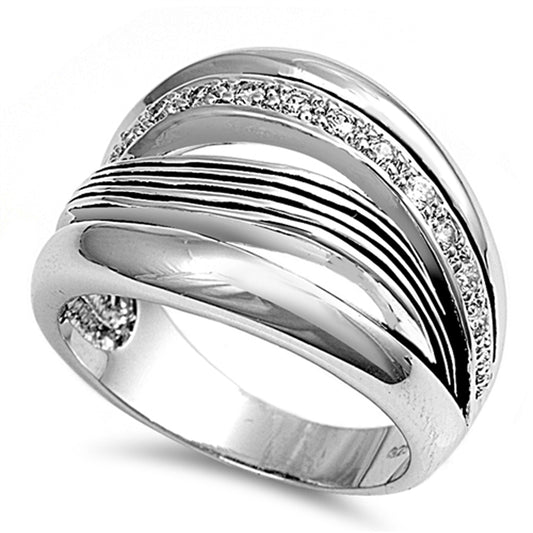 White CZ Polished Wide Wood Grain Style Ring 925 Sterling Silver Band Sizes 6-10