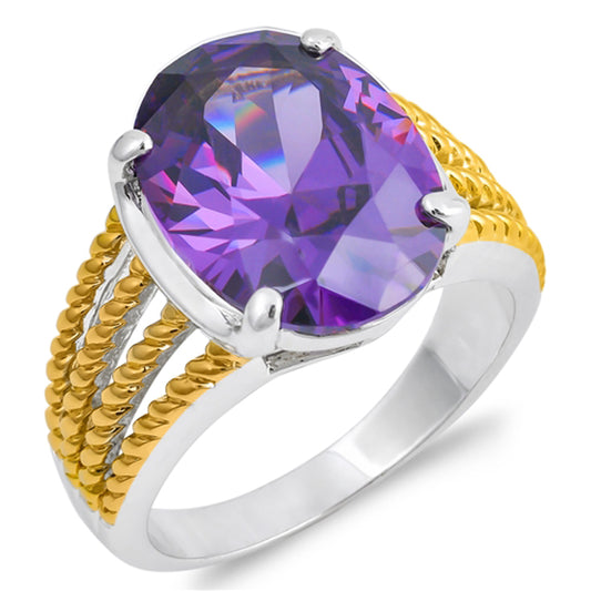 Oval Amethyst CZ Gold-Tone Rope Ring New .925 Sterling Silver Band Sizes 6-10