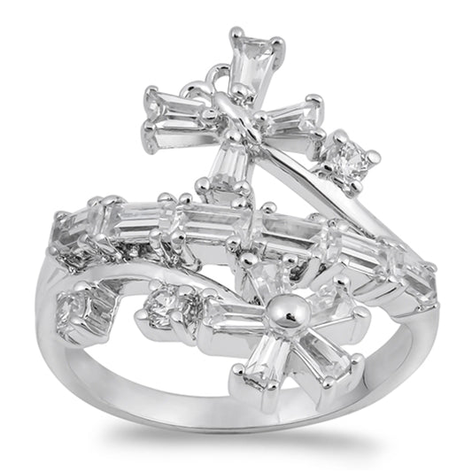 Clear CZ Criss Cross Flower Statement Ring .925 Sterling Silver Band Sizes 5-9