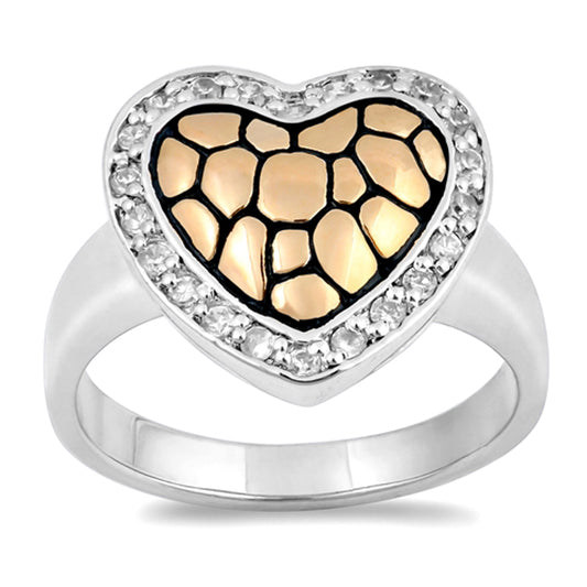 Clear CZ Gold-Tone Mosaic Heart Halo Ring .925 Sterling Silver Band Sizes 6-10