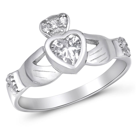 White CZ Unique Heart Claddagh Hands Ring .925 Sterling Silver Band Sizes 4-10