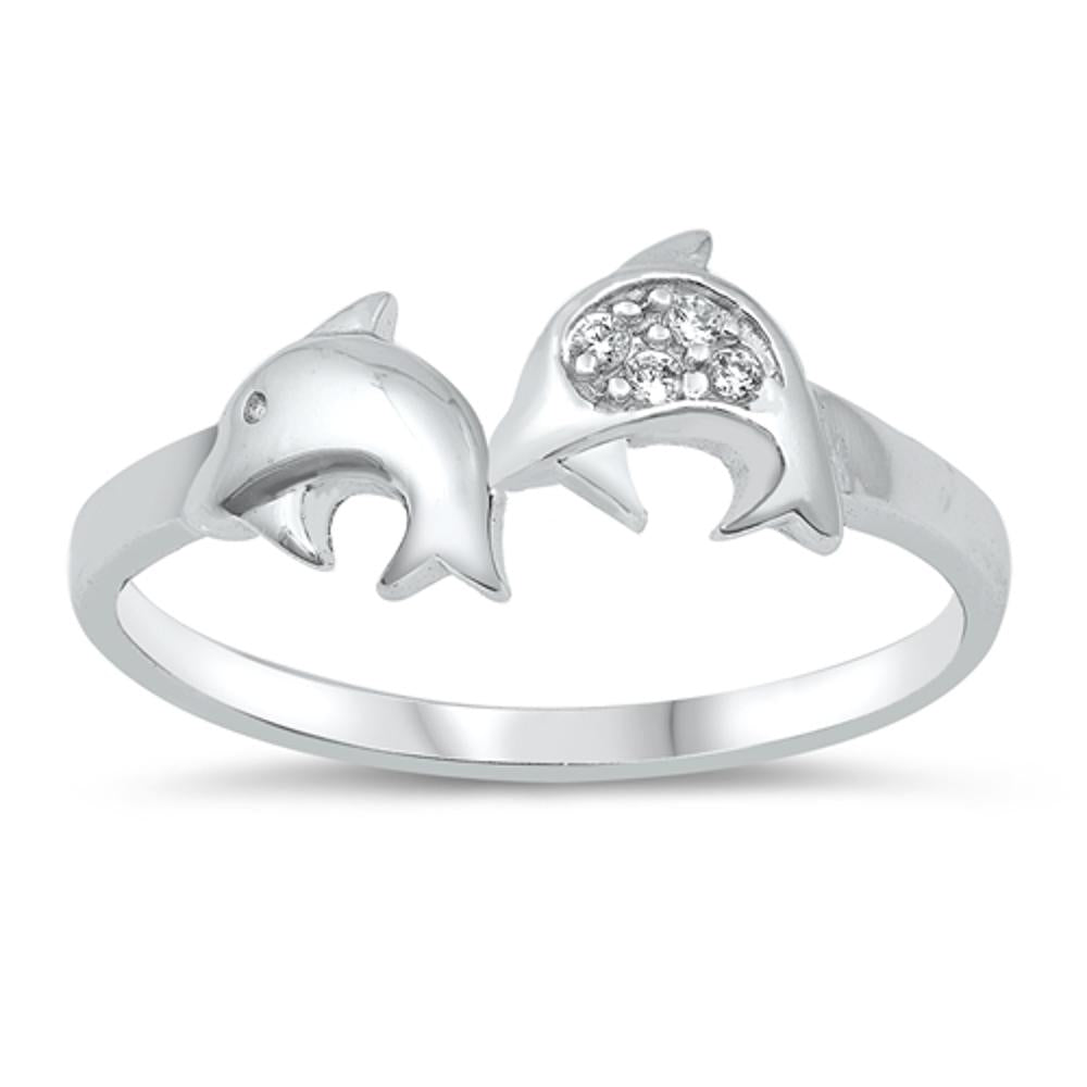 White CZ Cute Friendship Dolphin Animal Ring 925 Sterling Silver Band Sizes 4-9