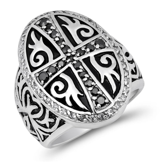 Black CZ Tribal Cross Halo Wide Large Ring .925 Sterling Silver Band Sizes 6-10