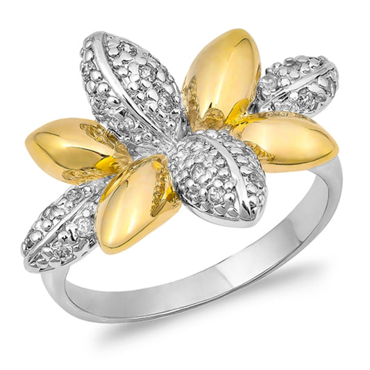 White CZ Beautiful Gold-Tone Lotus Flower Ring Sterling Silver Band Sizes 5-9