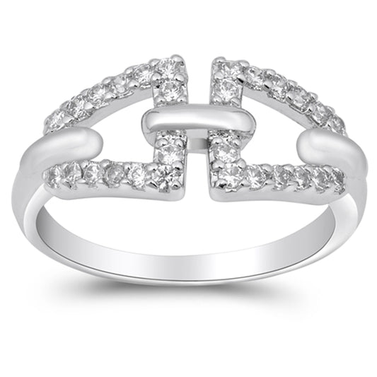 White CZ Pave Chain Link Criss Cross Ring .925 Sterling Silver Band Sizes 5-9