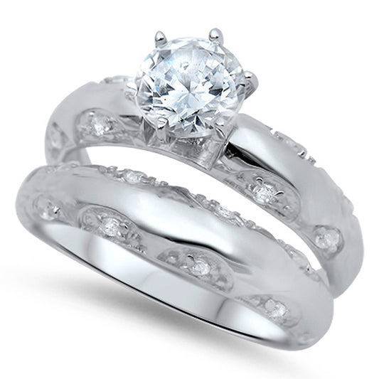 Round Solitaire Clear CZ Wedding Ring Set Sterling Silver Thick Band Sizes 5-10