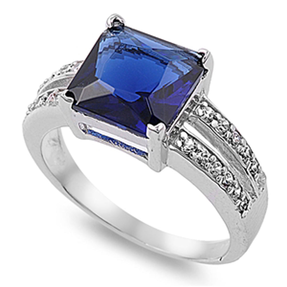 Blue Sapphire CZ Princess-Cut Square Ring .925 Sterling Silver Band Sizes 5-10