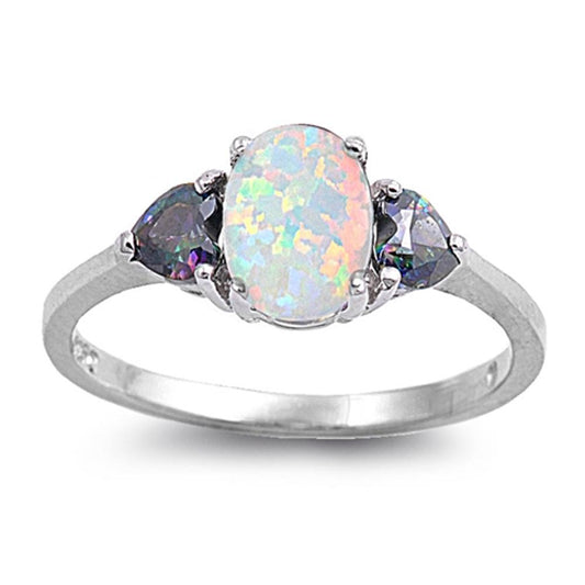 White Lab Opal Heart Love Oval Solitaire Ring Sterling Silver Band Sizes 4-10