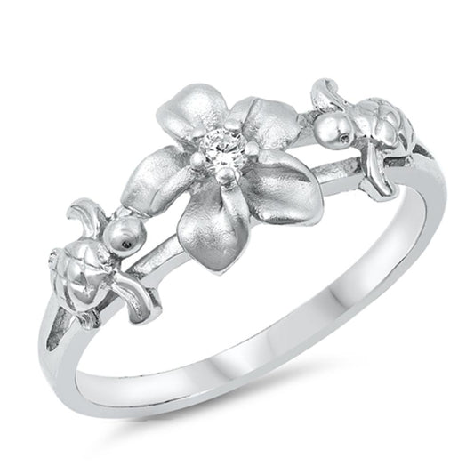 Clear CZ Turtle Hawaiian Tropical Flower Ring Sterling Silver Band Sizes 5-10