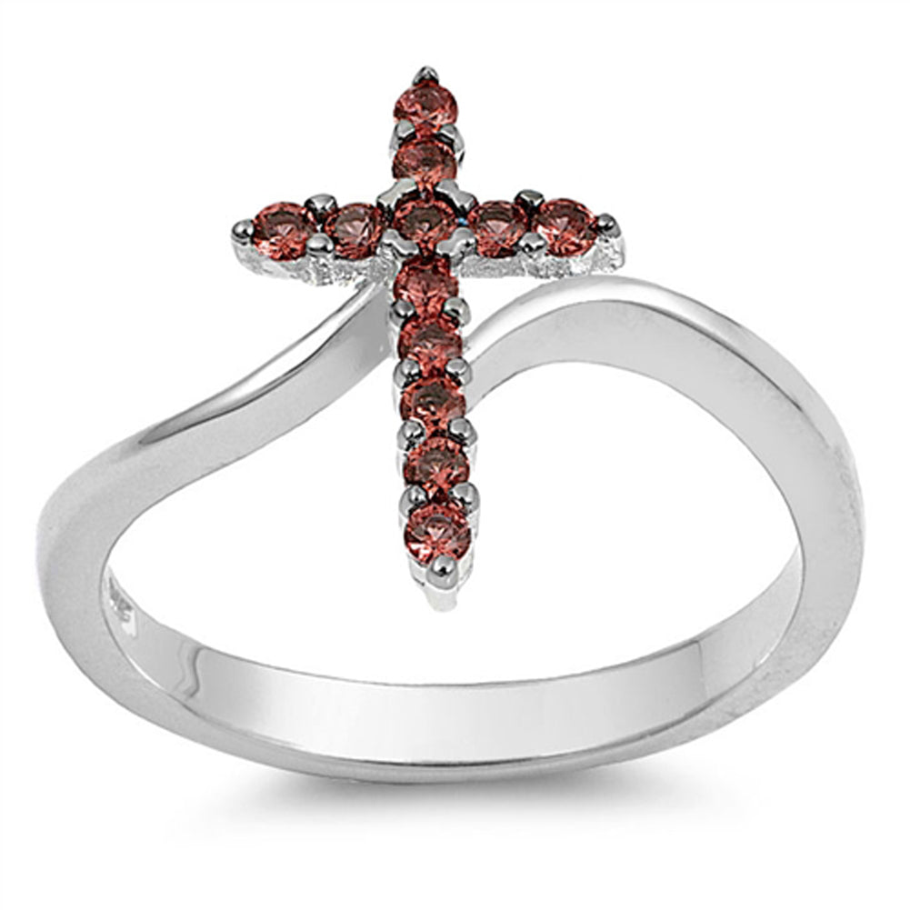 Cross Garnet CZ Unique Christian Ring New .925 Sterling Silver Band Sizes 4-12
