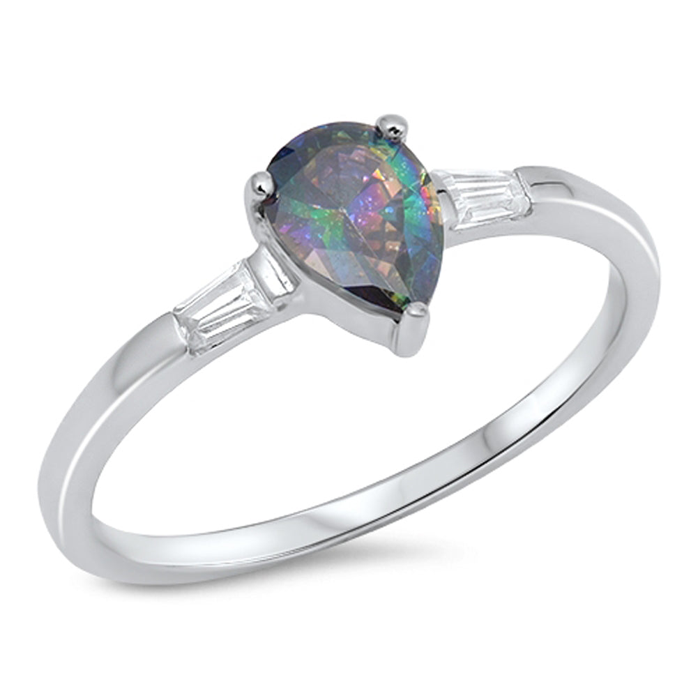 Teardrop Rainbow Topaz CZ Solitaire Ring New 925 Sterling Silver Band Sizes 4-12