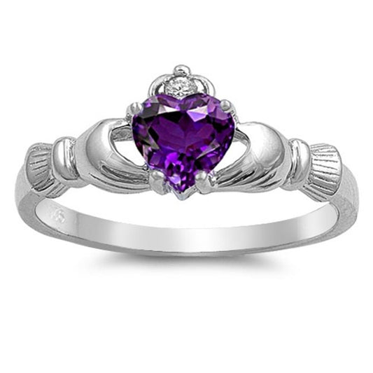 Amethyst CZ Heart Claddagh Friendship Ring .925 Sterling Silver Band Sizes 4-12