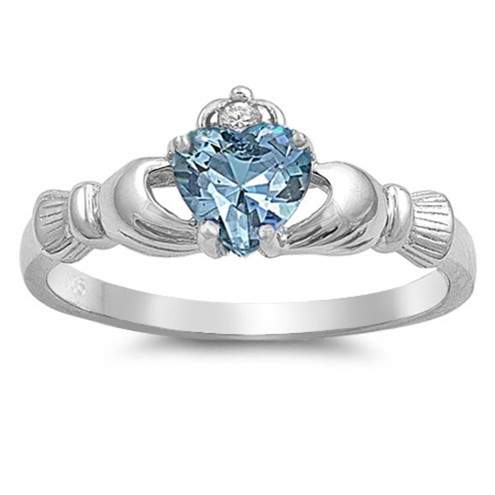 Aquamarine CZ Claddagh Detailed Friendship Ring Sterling Silver Band Sizes 3-12