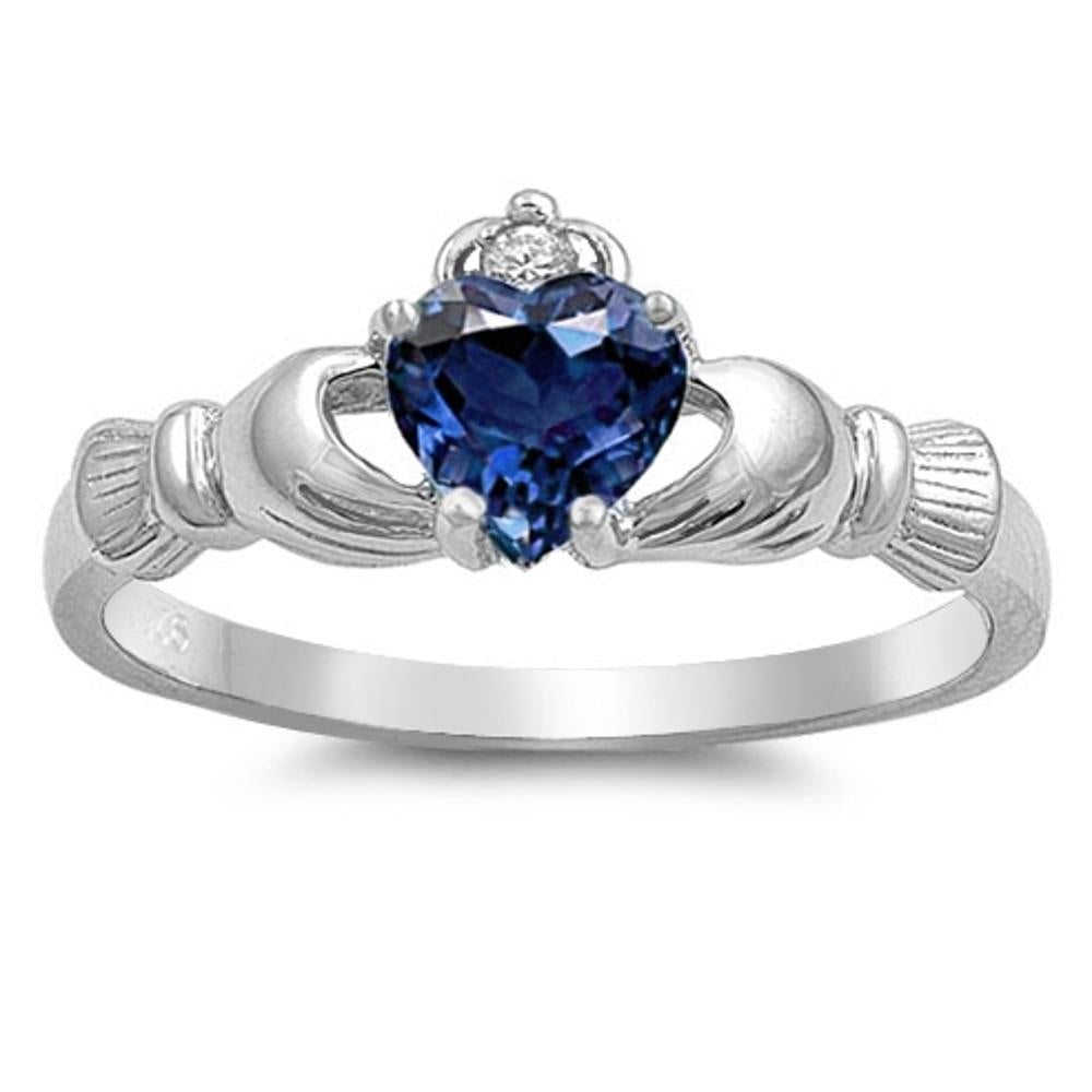 Blue Sapphire CZ Claddagh Friendship Ring .925 Sterling Silver Band Sizes 3-12