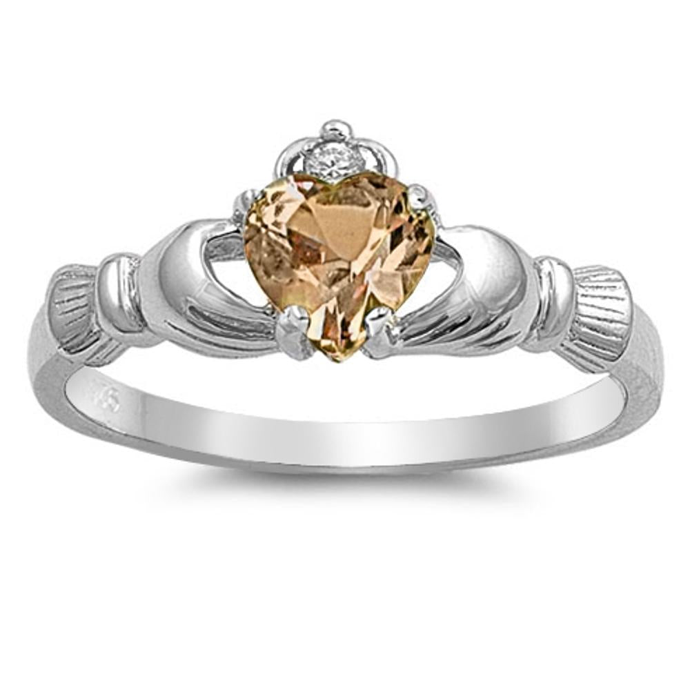 Champagne CZ Claddagh Promise Friendship Ring Sterling Silver Band Sizes 5-10