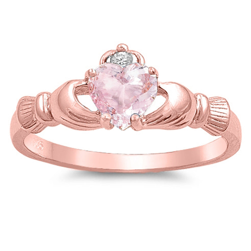 Pink CZ Rose Gold-Tone Heart Claddagh Ring .925 Sterling Silver Band Sizes 4-12