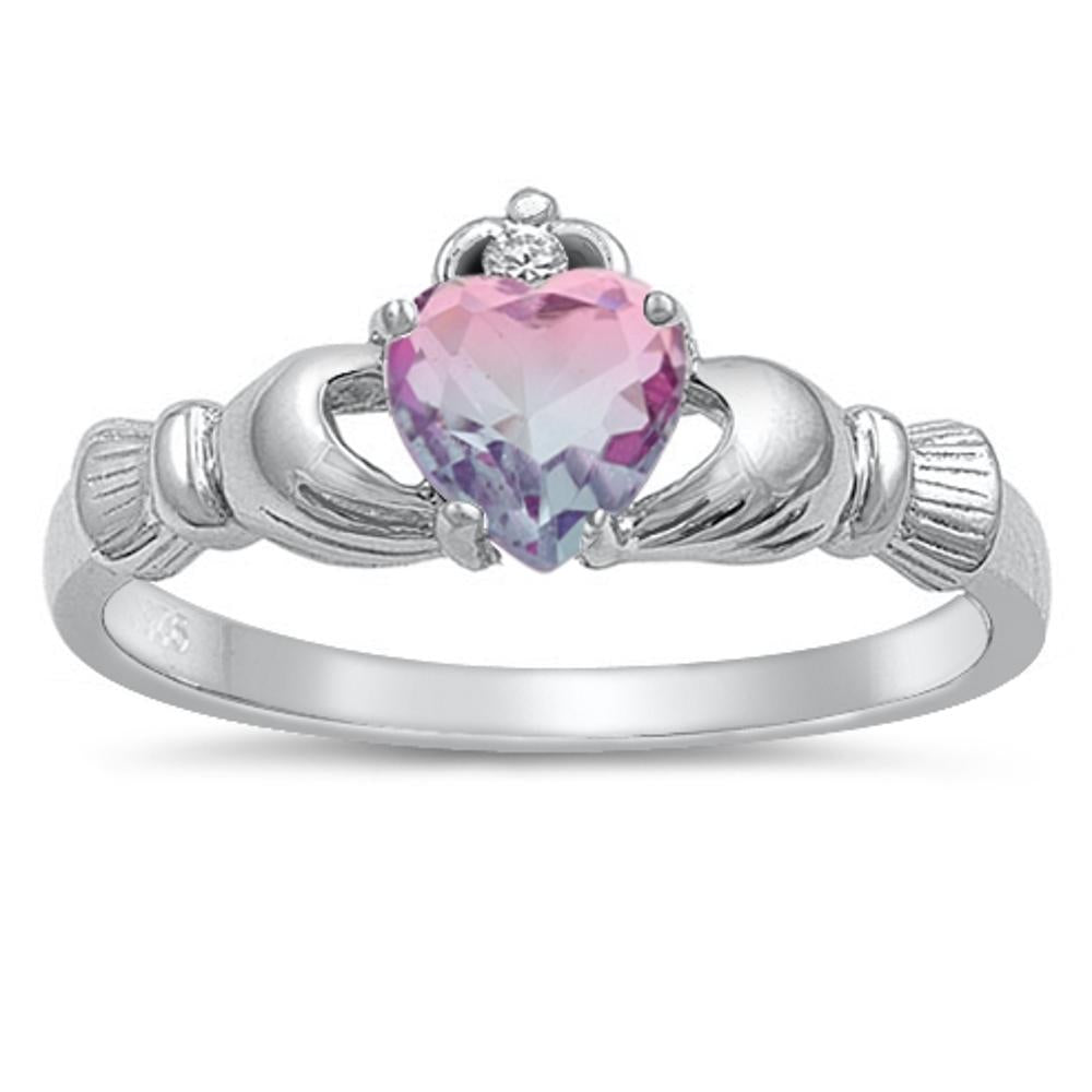 Pink Purple Ombre CZ Cute Claddagh Ring New .925 Sterling Silver Band Sizes 4-10