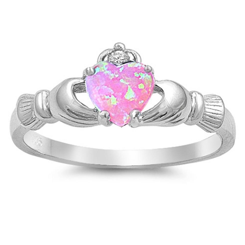 Pink Lab Opal Cute Claddagh Ring New .925 Sterling Silver Thumb Band Sizes 4-12