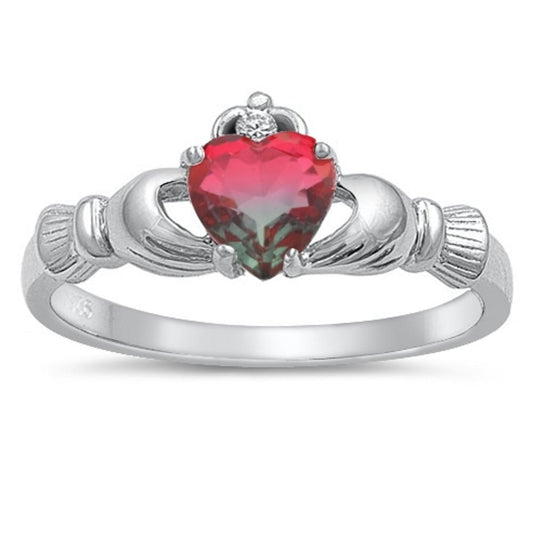Watermelon CZ Claddagh Promise Ring New .925 Sterling Silver Band Sizes 4-10