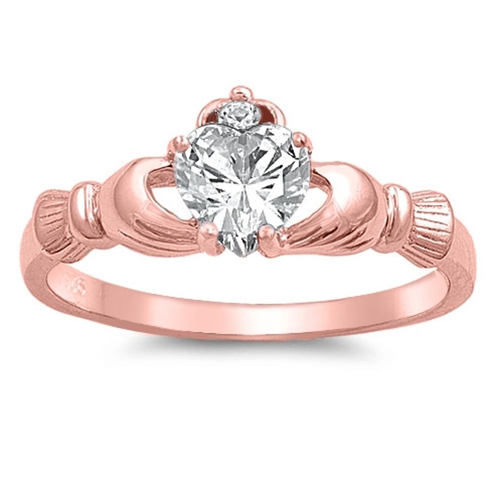 Claddagh White CZ Heart Ring .925 Sterling Silver Rose Gold-Tone Band Sizes 4-12