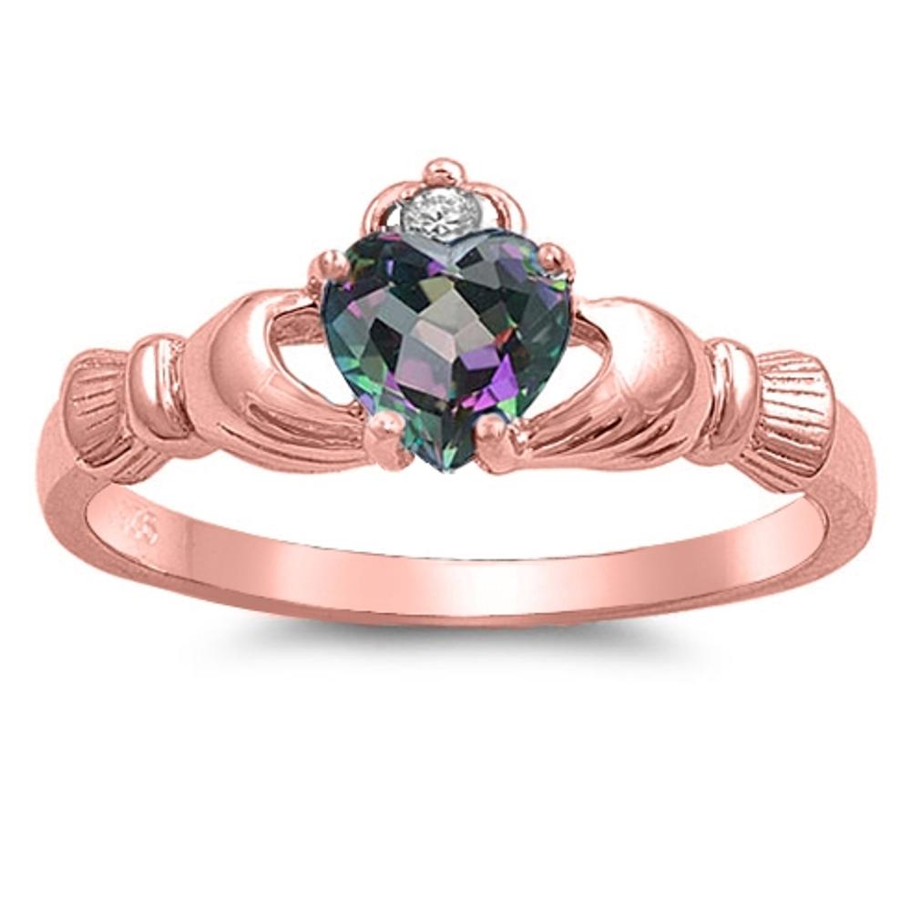 Rose Gold-Tone Rainbow Topaz CZ Heart Claddagh Sterling Silver Ring Sizes 4-10