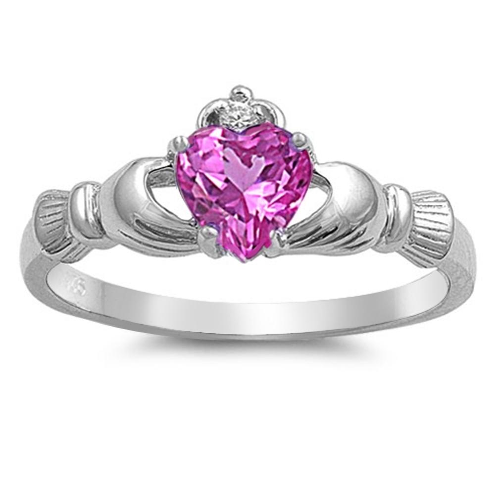 Pink CZ Cute Claddagh Friendship Ring New .925 Sterling Silver Band Sizes 4-12