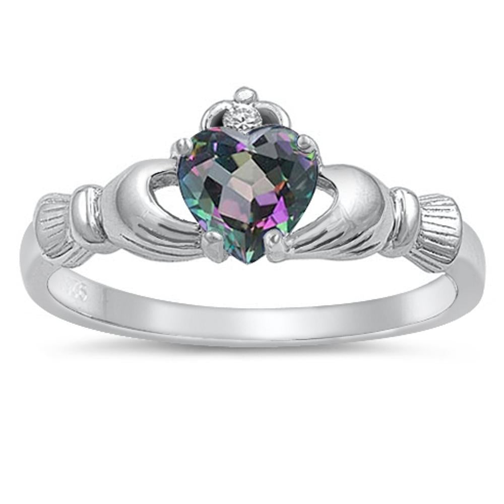 Celtic Claddagh Heart Rainbow Topaz CZ Ring .925 Sterling Silver Band Sizes 2-13