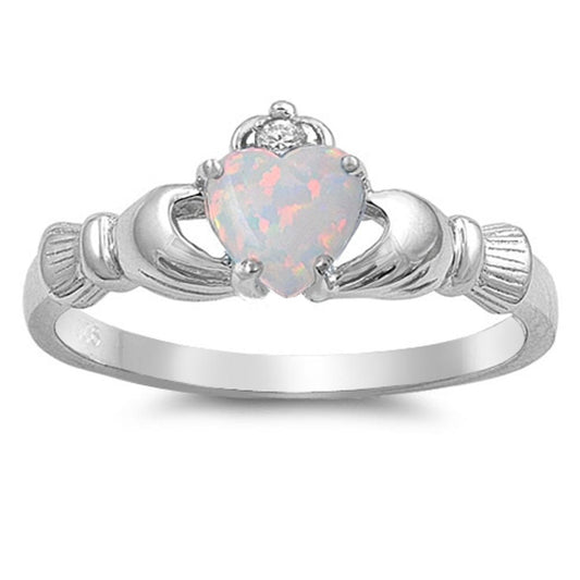 White Lab Opal Promise Claddagh Cute Ring .925 Sterling Silver Band Sizes 3-13