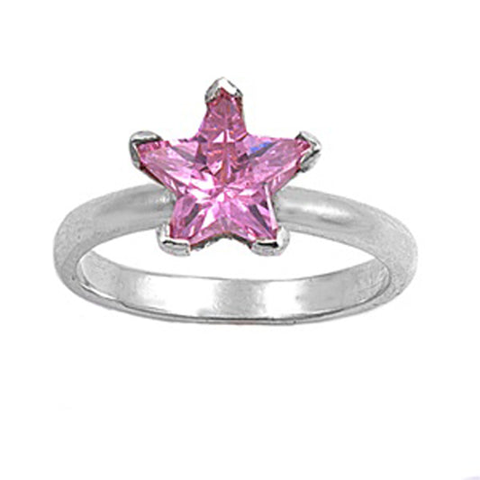 Pink CZ Polished Star Solitaire Ring New .925 Sterling Silver Band Sizes 4-11