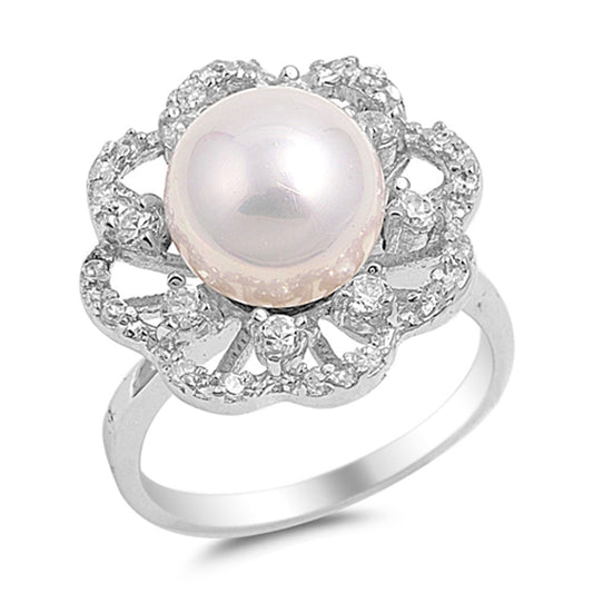 White CZ Freshwater Pearl Flower Ring New .925 Sterling Silver Band Sizes 5-11