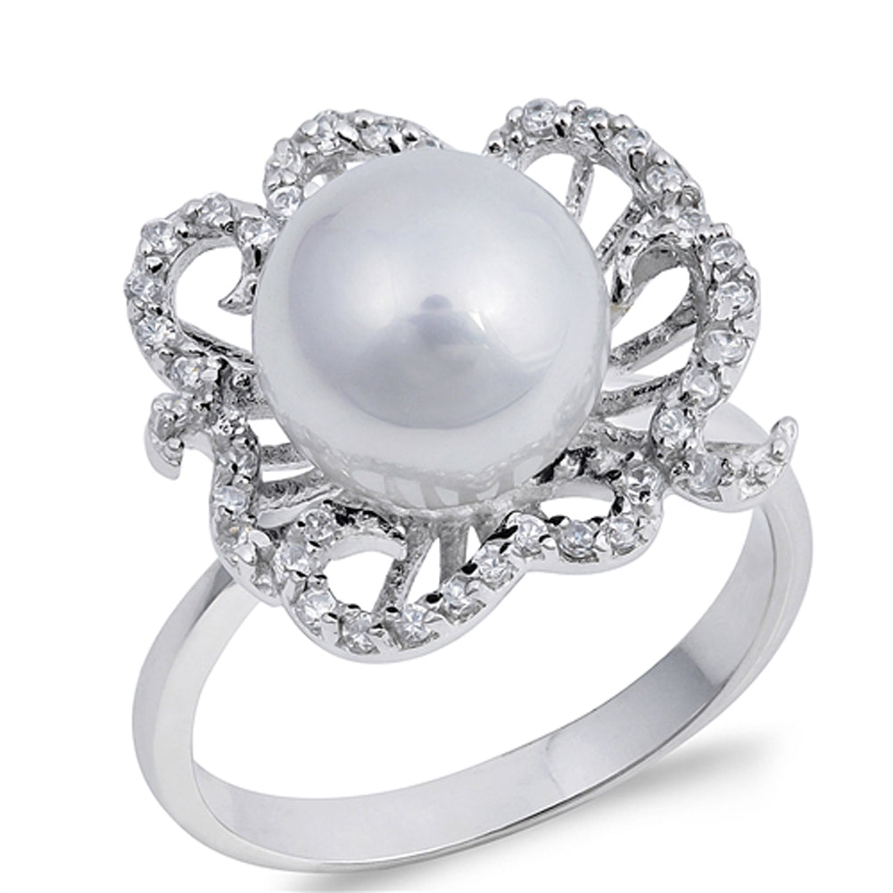 White CZ Freshwater Pearl Micro Pave Flower Ring Sterling Silver Band Sizes 5-9