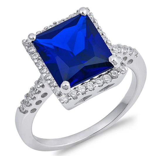 Blue Sapphire CZ Rectangle Pave Halo Ring .925 Sterling Silver Band Sizes 5-9