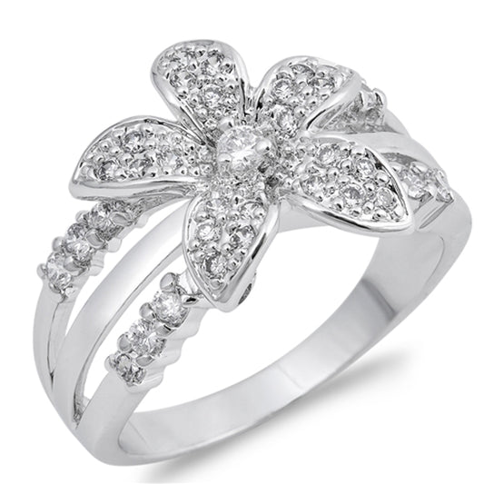 White CZ Tropical Hawaiian Plumeria Flower Ring Sterling Silver Band Sizes 5-10