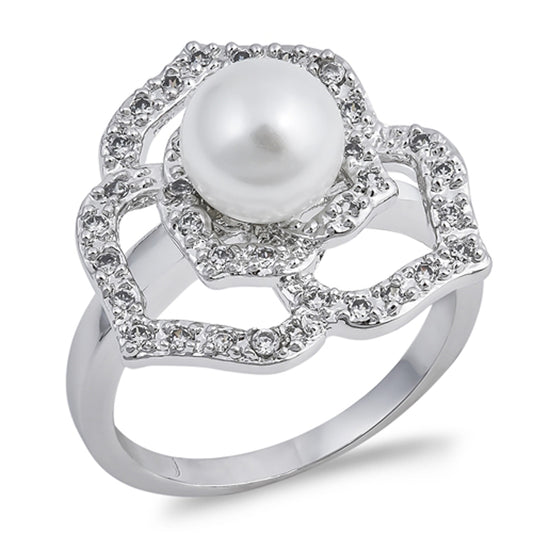 White CZ Freshwater Pearl Heart Flower Ring .925 Sterling Silver Band Sizes 5-9