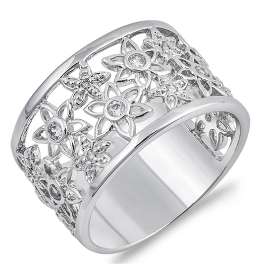 White CZ Filigree Flower Wide Sun Ring New .925 Sterling Silver Band Sizes 6-10
