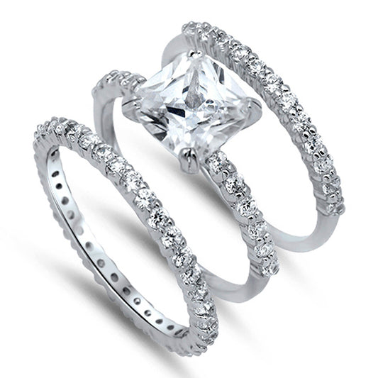 White CZ Polished Square Solitaire Ring Set .925 Sterling Silver Band Sizes 5-10