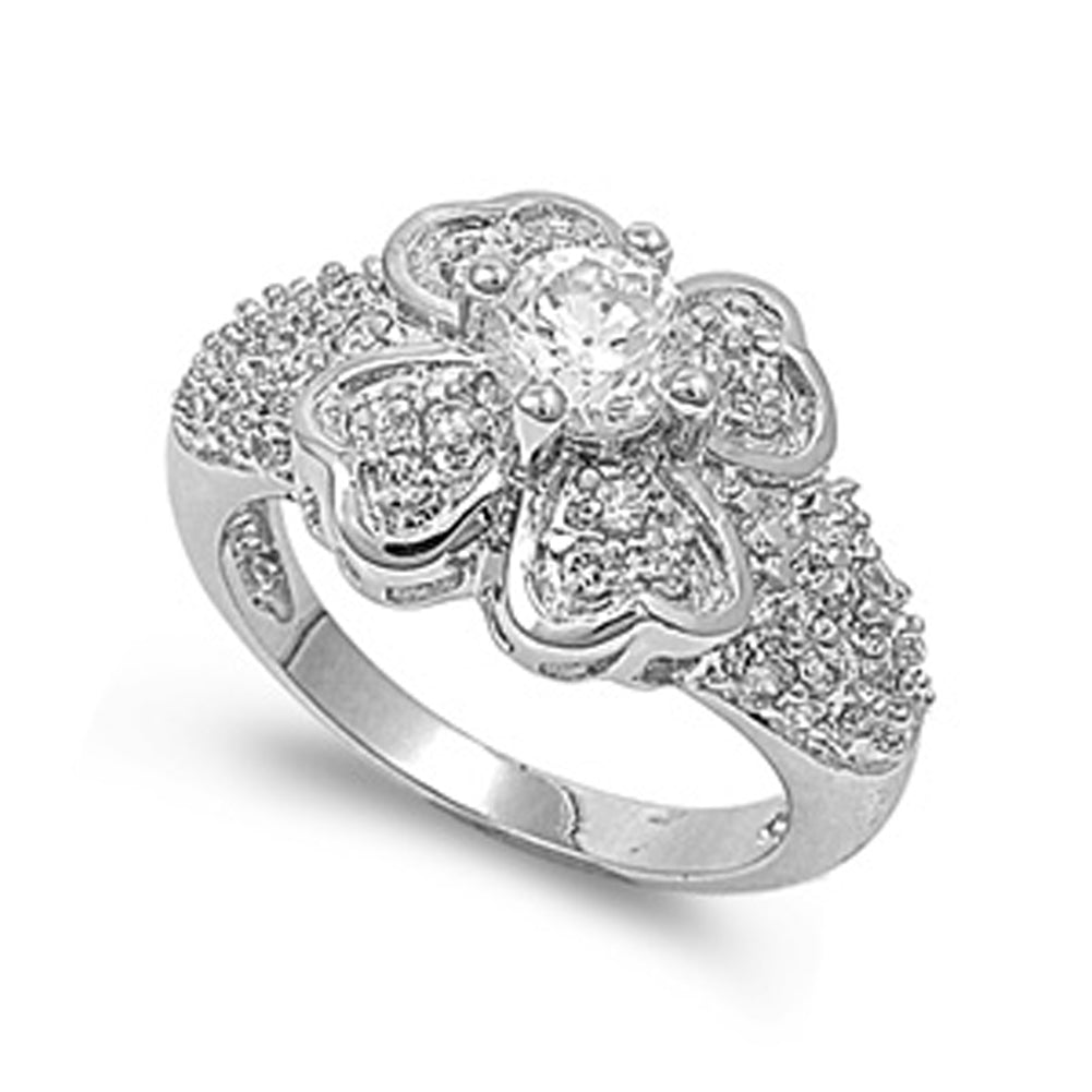 White CZ Round Flower Clover Shiny Ring New .925 Sterling Silver Band Sizes 5-9