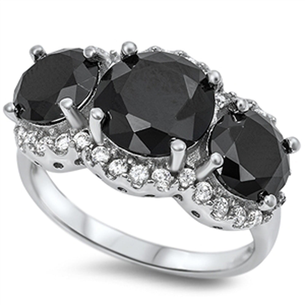 Black CZ Triple Round Halo Faceted Ring New .925 Sterling Silver Band Sizes 6-10