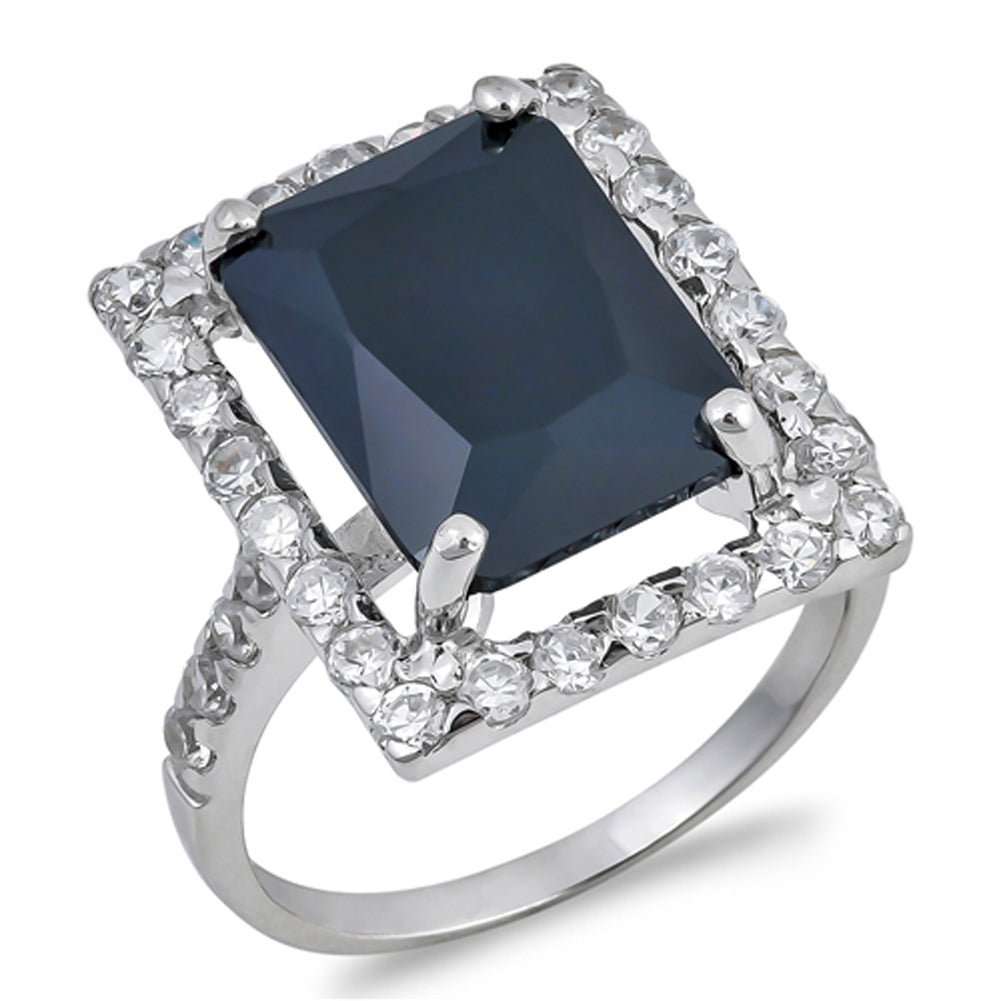 Black CZ Rectangle Open Halo Ring New .925 Sterling Silver Band Sizes 5-10
